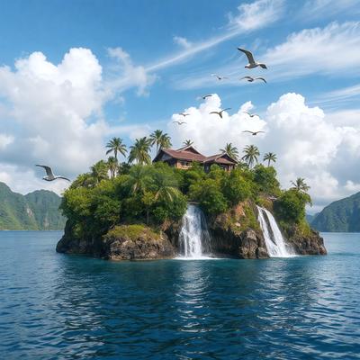 The primary subject of the image is a house on a rock in the middle of a body of water. The house is surrounded by a lush green landscape, and there are several birds flying around the area. The setting appears to be a tropical island, with the house being the main focus of the scene. The visual style of the image is a photo, capturing the beauty of the house and its surroundings. The colors and mood of the image are vibrant and serene, with the greenery and birds adding to the